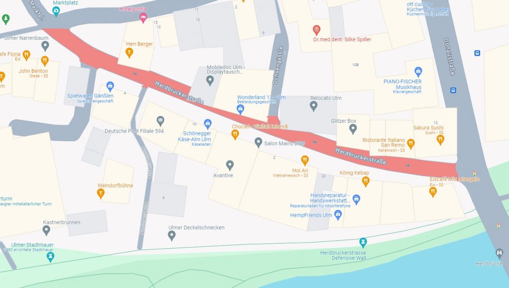 Karte des Verlaufs der Herdbruckerstraße. Screenshot aus Google Maps am 16.02.2024.