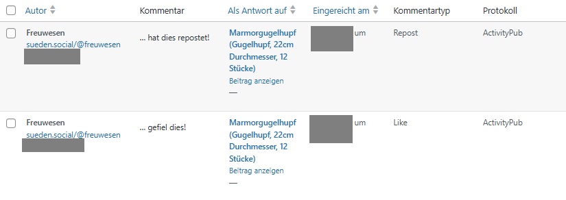 Screenshot der Reaktionen aus dem Fediverse, ein Repost (eine Teilung des Beitrags) und ein Like in der Ansicht des Kommentarmanagements