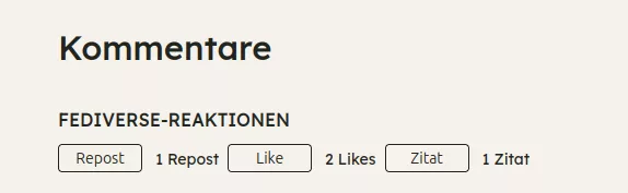 Eingebundene Buttons im Abschnitt der Fediverse Reaktionen im Kommentarbereich