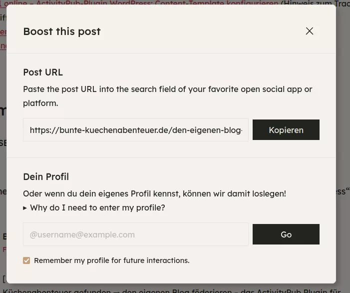 Dialogfenster beim Klick auf die neuen Buttons