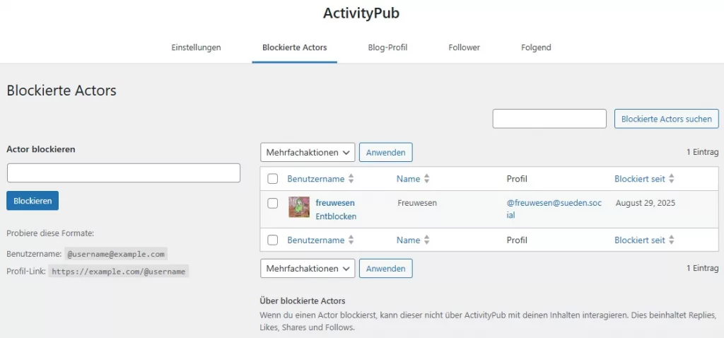Ansicht des neuen Reiters "Blockierte Actors"