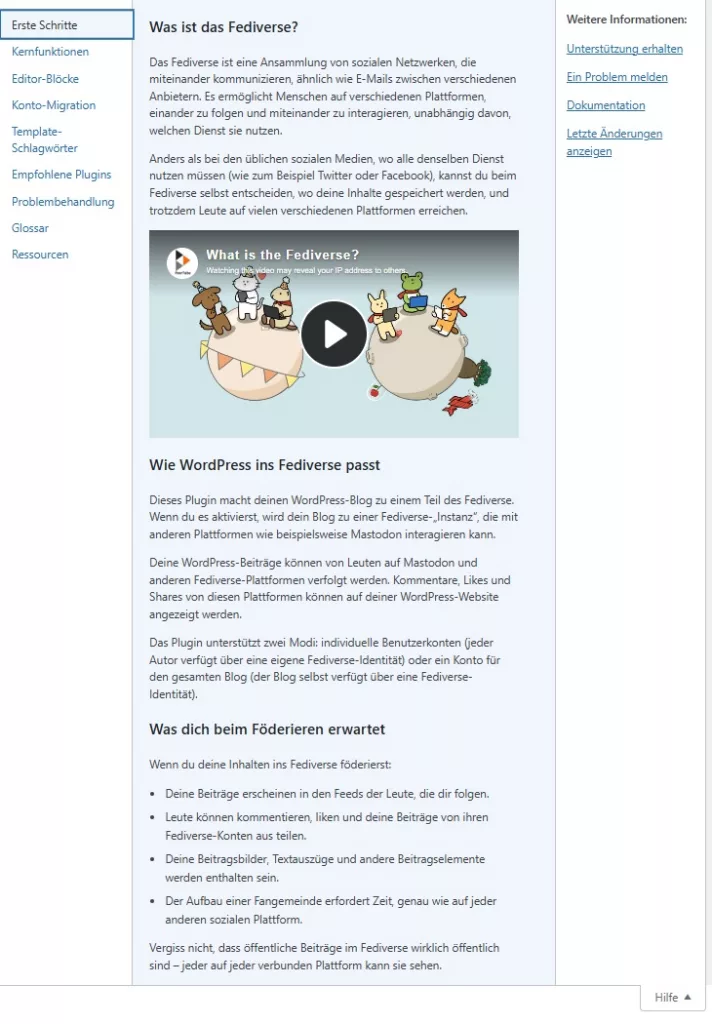 Screenshot der Hilfe-Seite "Erste Schritte"