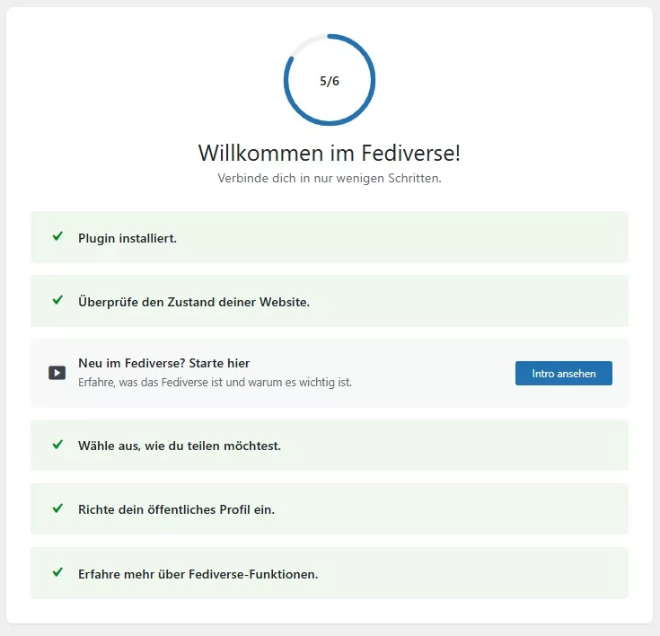 Screenshot der Willkommensseite mit verschiedenen Steps zum Einrichten des ActivityPub