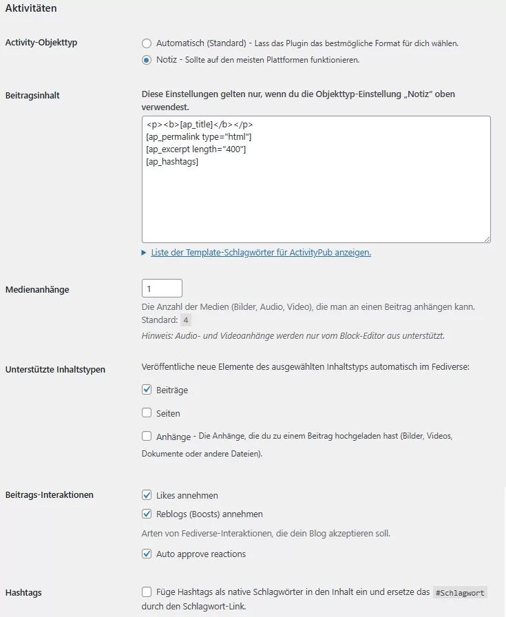 Einstellungen der Aktivitäten, wie ein Beitrag an das Fediverse übermittelt werden soll.