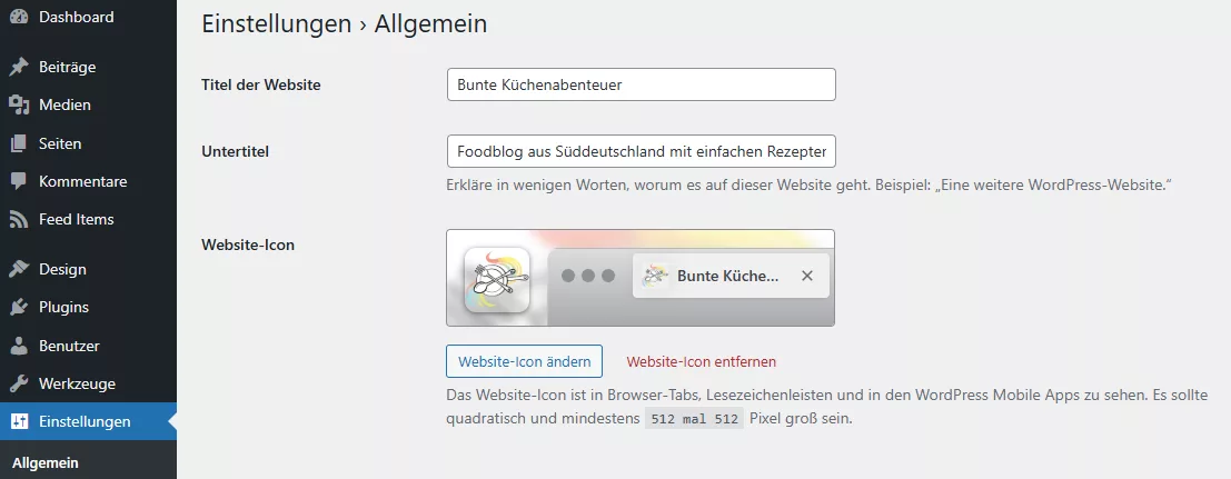 Screenshot der allgemeinen Einstellungen der Webseite mit Titel, Untertitel und Website-Icon, welches als Profilbild für das Blogprofil verwendet wird.