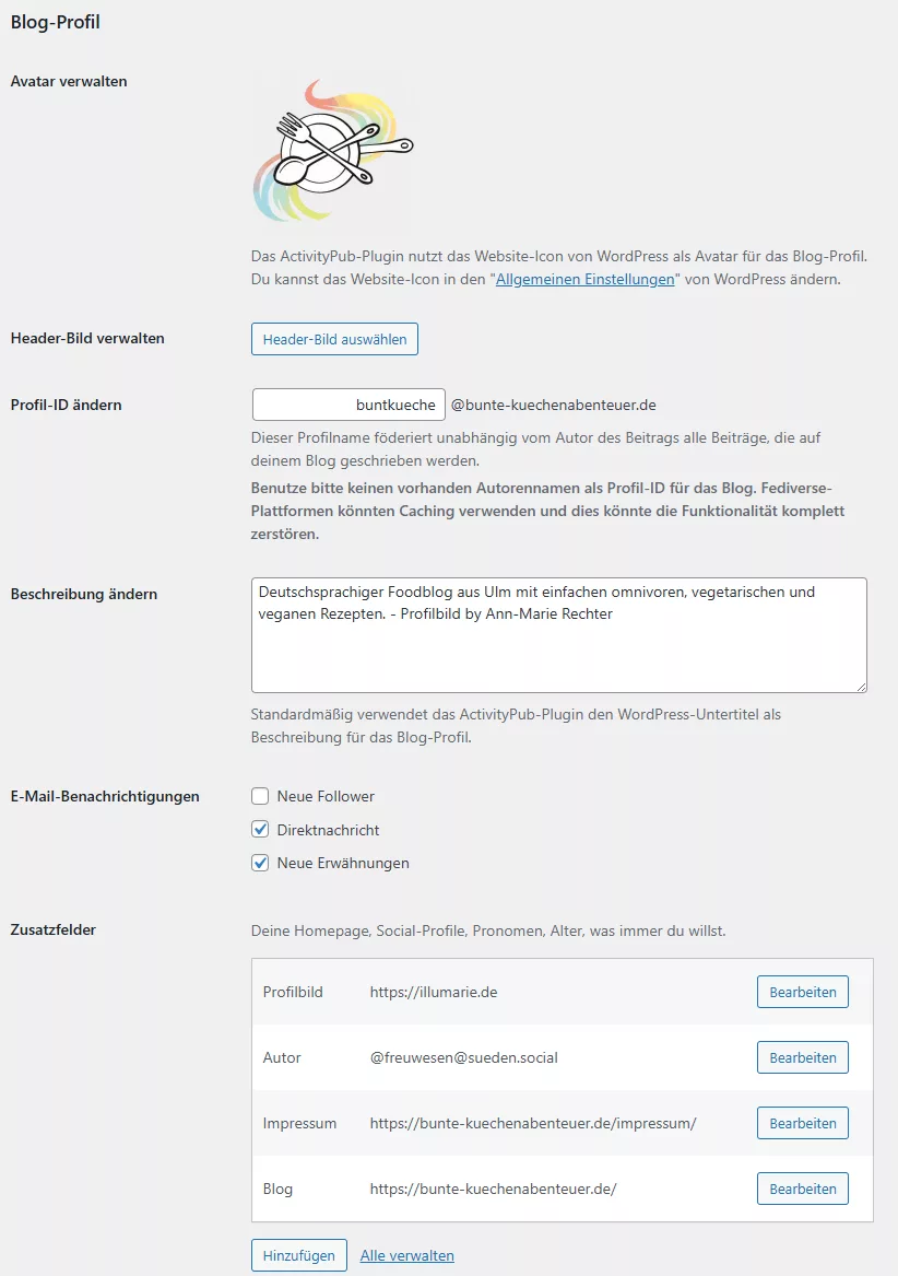 Screenshot der Einstellungen des Blog-Profils hinsichtlich Header, Beschreibung und Zusatzfelder.
