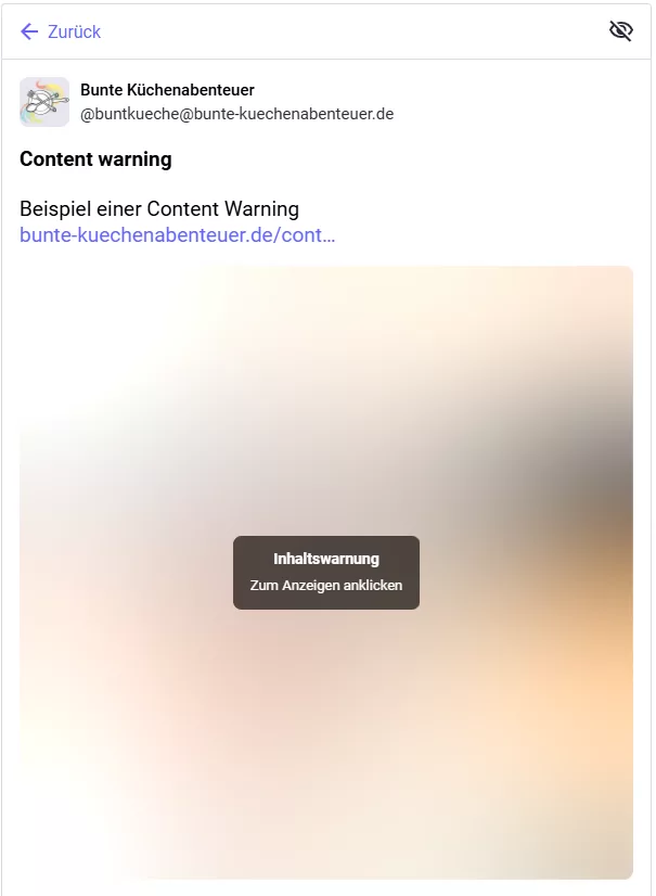 Ein Beitrag mit Content Warnung im Fediverse. Je nach anzeigender Umgebung wird nur der Titel der Content Warning angezeigt gefolgt von dem Beitragslink oder es erscheint er Button, was hier im Screenshot nicht der Fall ist.