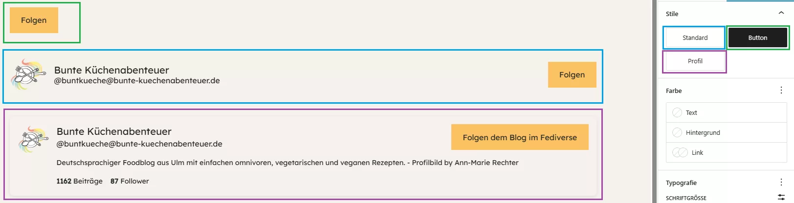 Setup des Blocks zum Folgen des Blogs im Fediverse