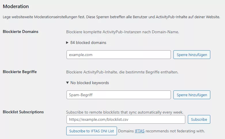 Abschnitt für die Moderation in den Einstellungen des ActivityPub