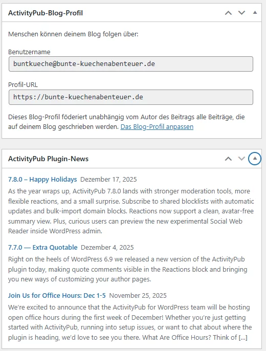 Screenshot der Dashboard Widgets aus dem ActivityPub Plugin. Ein News Abschnitt und ein Abschnitt mit den generellen Informationen zu deinem Blogprofil.