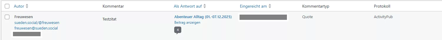 Screenshot einer Reaktion auf einen föderierten Blogbeitrag aus dem Fediverse in Form eines Zitats.
