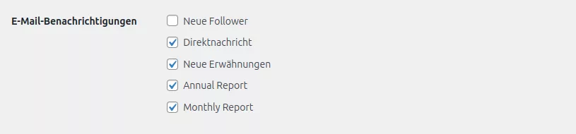 Ein Ausschnitt der Benachrichtigungseinstellungen im Setup des Activitypub Plugins.
Dieser Abschnitt wurde für die Statsitiken erweitert und verfügt nun auch über Checkboxen für einen monatlichen und jährlichen Statistik Bericht.