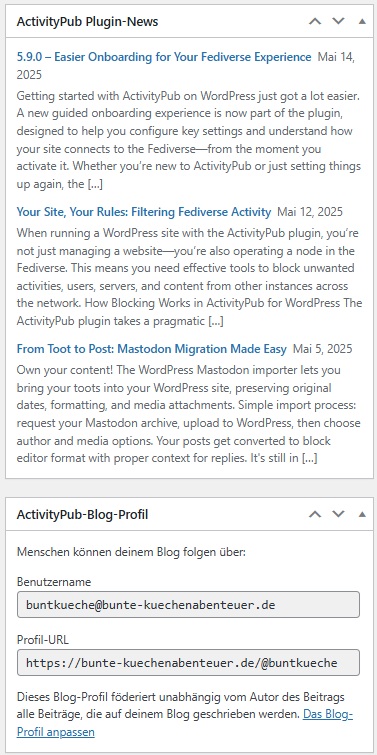 Screenshot der Dashboard Widgets aus dem ActivityPub Plugin. Ein News Abschnitt und ein Abschnitt mit den generellen Informationen zu deinem Blogprofil.