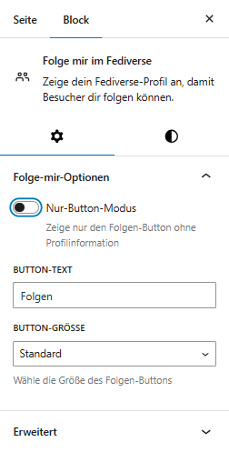 Setup des Blocks zum Folgen des Blogs im Fediverse