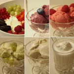 Eine Collage aus sechs Foodfotos von vier verschiedenen Eiscremes, einem Forzen Yogurt und einem Milchshake