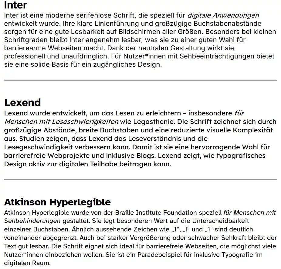 Screenshot einer Textprobe mit den drei barrierearmen oder barrierefreien Schriftarten Inter, Lexend und Atkinson Hyperlegible