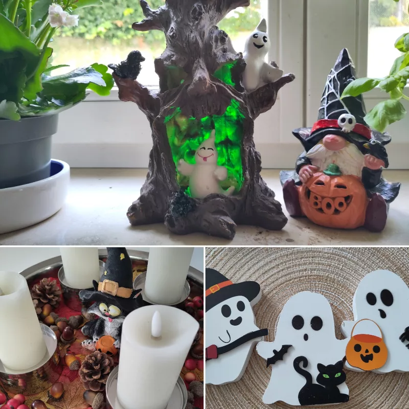 Eine Collage der Halloween Deko. Ein Geisterbaum und ein Hexenmeister mit Kürbis sind auf der Fensterbank in der Küche eingezogen. Ein Kätzchen mit Hexenhut und einem Kürbis zwischen den Pfoten sitzt zwischen Herbstdekoration auf dem Esstisch und vier Geister aus Holz warten noch darauf, dass sie verteilt werden.