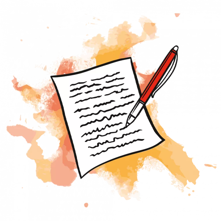 Ein beschriebener Notizzettel mit einem roten Kugelschreiber vor einem grafischen orange-rot-pinken Element