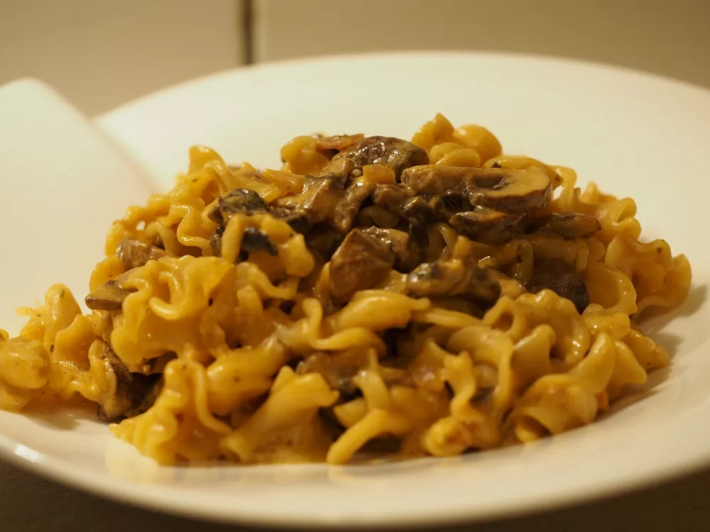 Eine Portion des einfache Onepot Gerichts mit Nudeln, die in einer Sauce auf Champignons, Weißwein und Sahne gekocht werden.