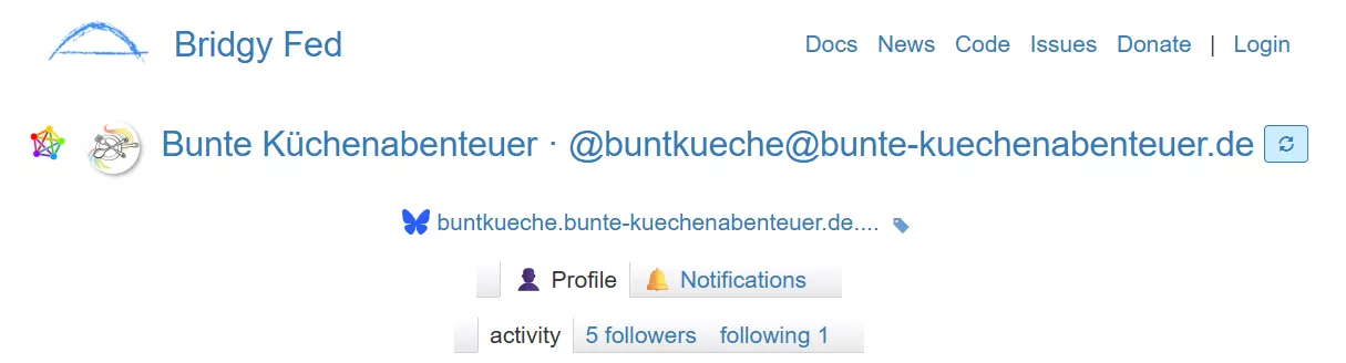 Ein Ausschnitt des Bridge Profils meines föderierten Blogprofils.