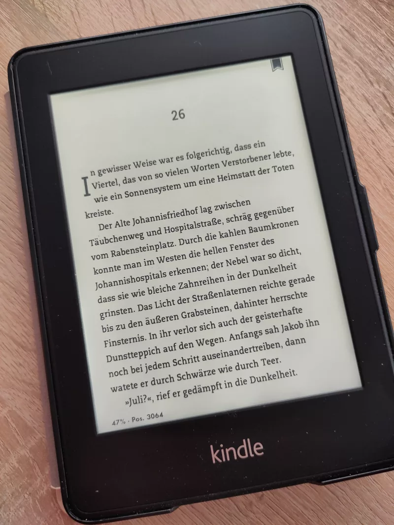 Ein alter ereader von 2013 liegt auf dem Schreibtisch im angeschalteten Zustand und zeigt eine Seite des aktuellen Buches mit Lesezeichenmarkierung