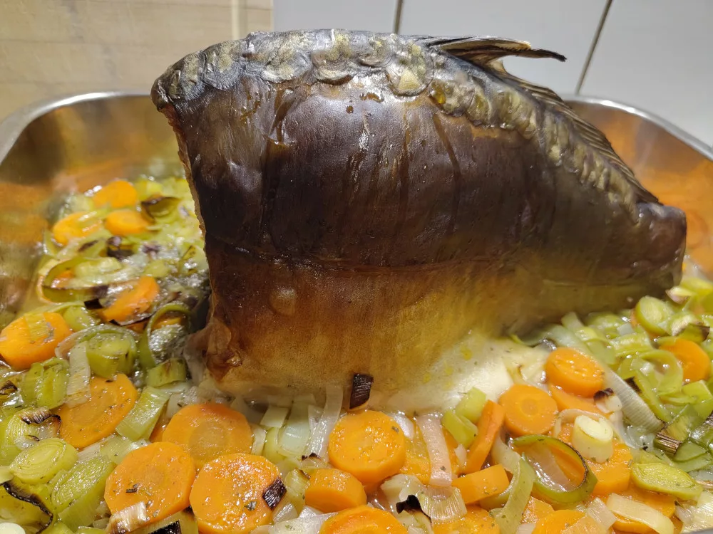 Der fertige gebackene Karpfen in einem Bett aus Lauch und Karotten, die mitgebacken wurden. Der Karpfen hat keinen Kopf und keinen Schwanz und wurde noch nicht filetiert.