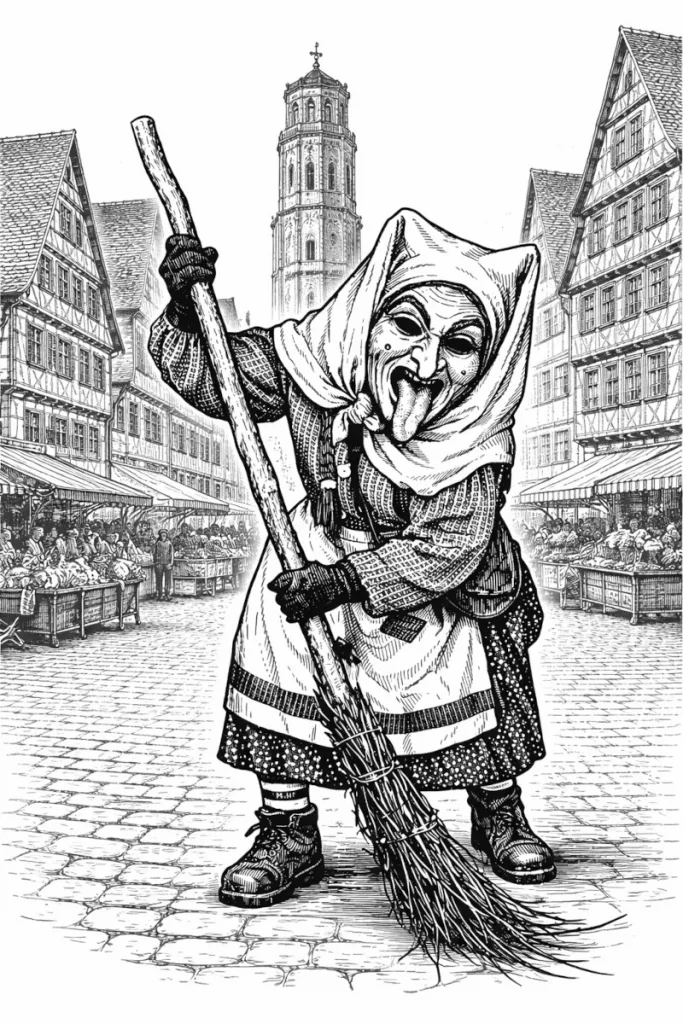 Ein KI generiertes Bild einer Holl Hexa in einer städtischen Umgebung - Zur Generierung wurde ein Foto der Holl Hexa der Ulmer Narrenzunft verwendet