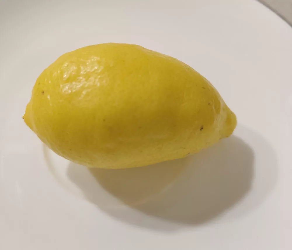 Eine Limequat, eine Kreuzung aus Limette und Kumquat. Die Zitrusfrucht sieht aus wie eine sehr kleine Zitrone und ist ca. 5-7cm lang und ca. 3-4cm dick.