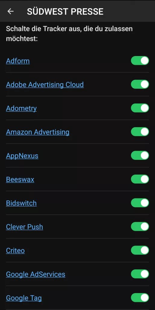 Eine Liste der blockierten Tracker der App Südwest Presse jeweils mit der möglichkeit die Tracker zuzulassen