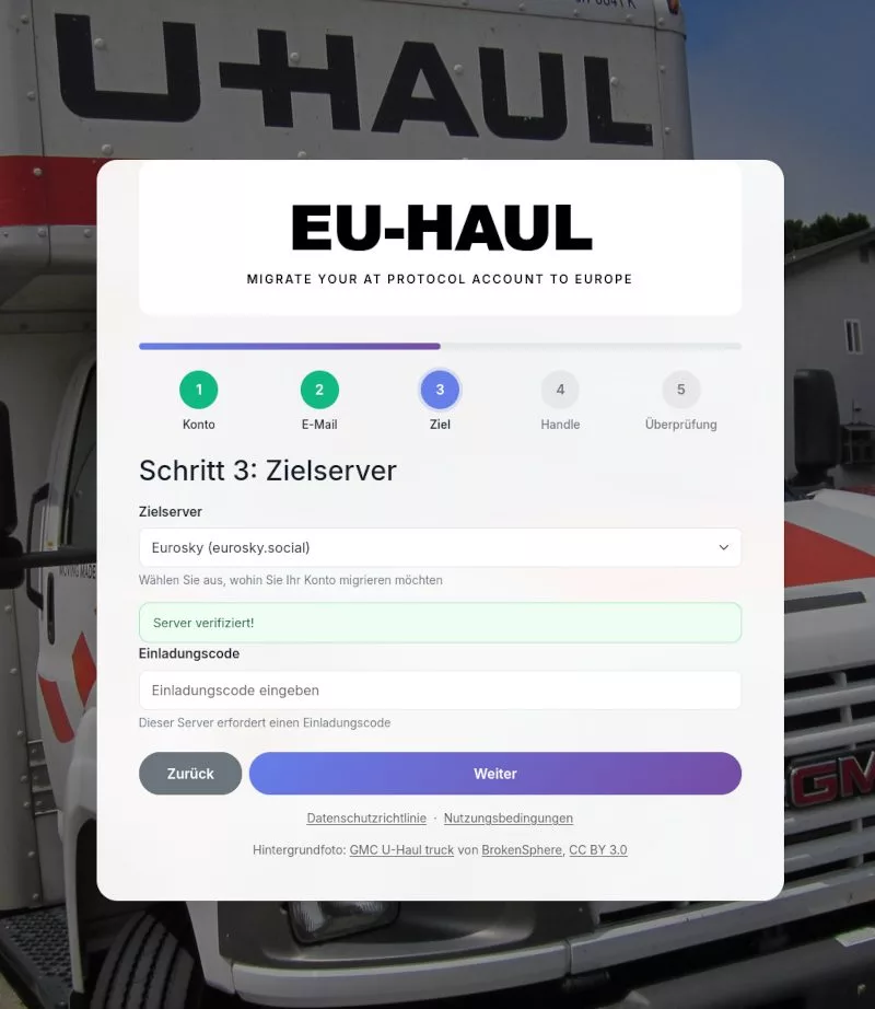 Schritt 3 im Migrations-Service erfordert einen Einladungscode für eurosky.social