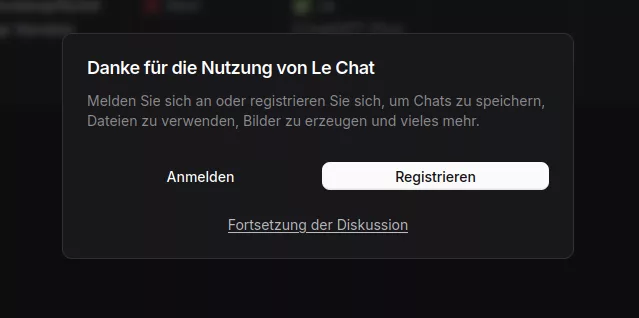 Eine Nachricht, das die Möglichkeit zur Registrierung von Le Chat zeigt, aber auch die Möglichkeit gibt den Chat ohne Anmeldung fortzuführen.