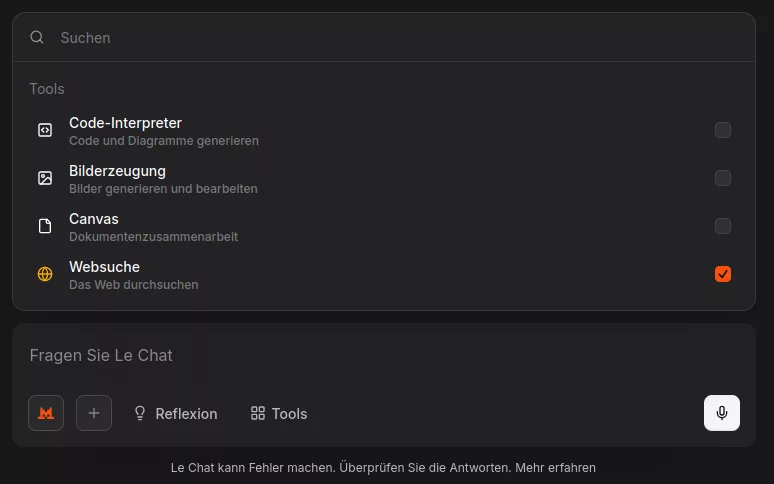 Anzeige der möglichen Tools für die Verarbeitung der Eingabe von Le Chat ohne Anmeldung