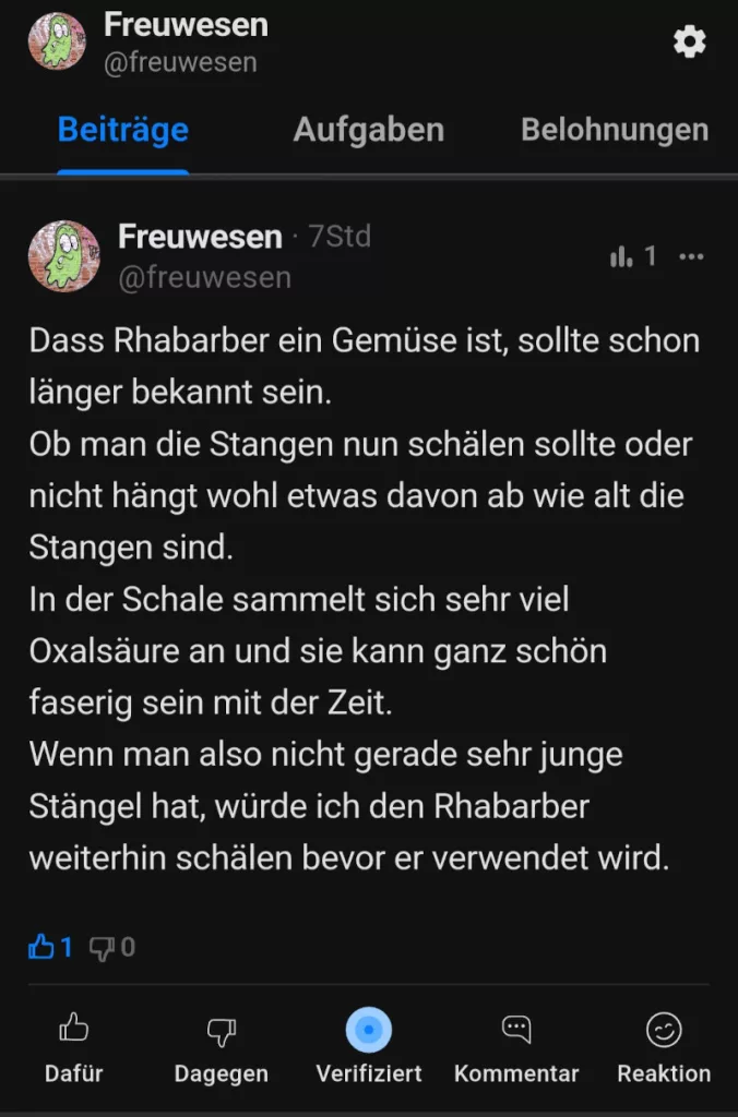 Ein von mir geschriebener Beitrag über Rhababerschalen. Der Faktencheck hat den Status "verifiziert".