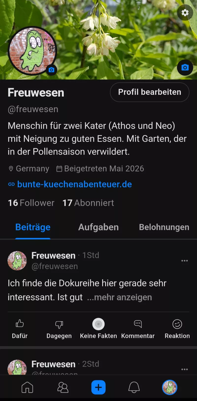 Das Profil meines eYou Accounts mit dem Nutzernamen Freuwesen.