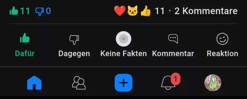 Ansicht eines Beitrags-Footers mit Reaktionsmöglichkeiten und dem Faktencheck, Darunter der Footer der App.