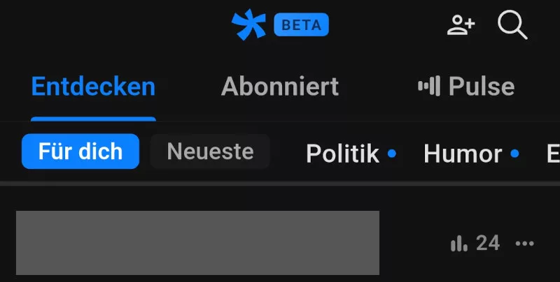 Der Header der App mit den verschiedenen Feeds und Kategorien, darunter die Ansicht eines anonymisierten Beitragsheaders