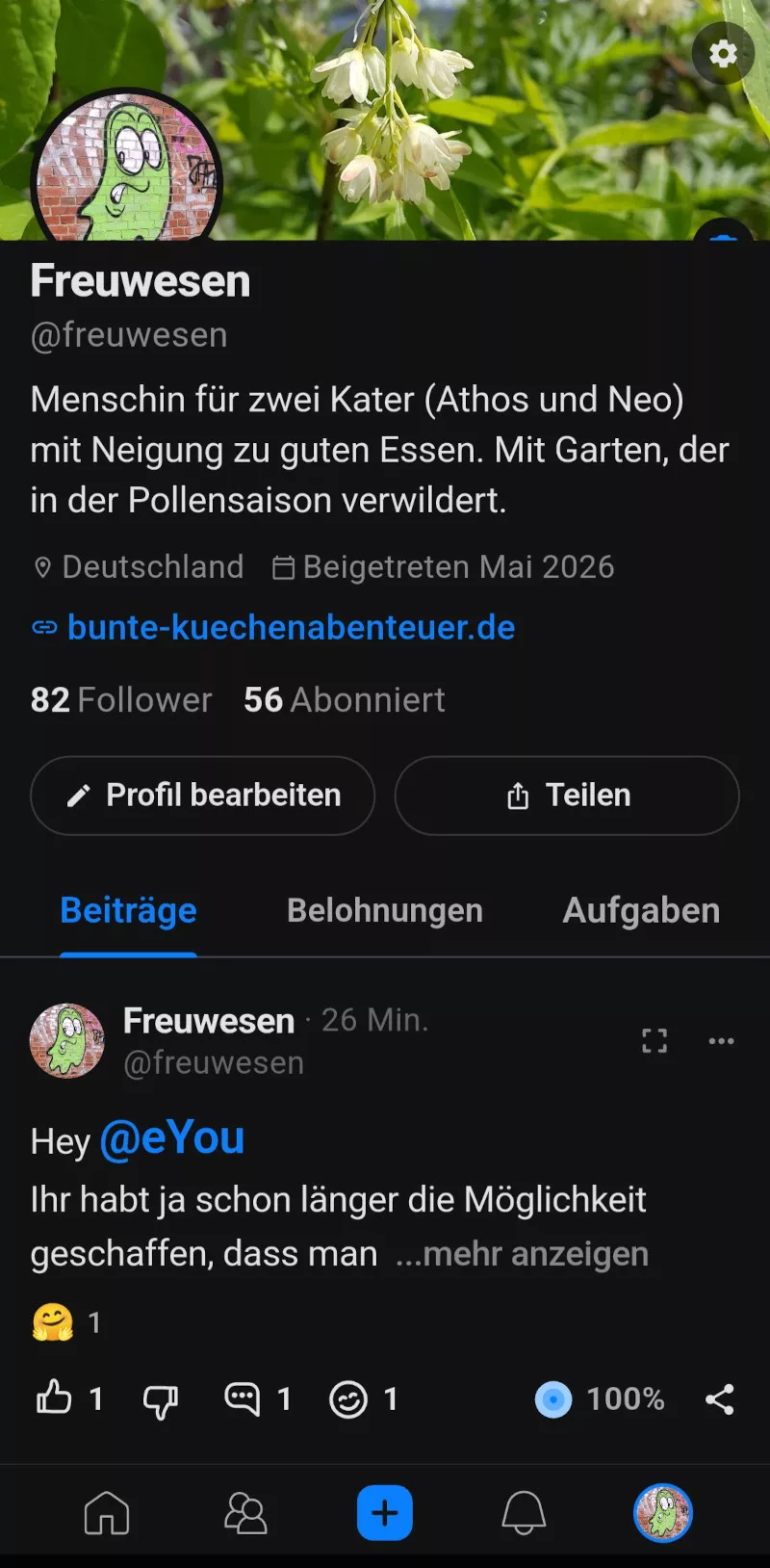 Das Profil meines eYou Accounts mit dem Nutzernamen Freuwesen.