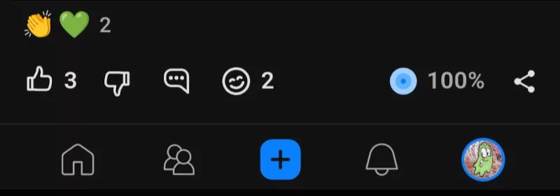 Footer eines Beitrags und der App. Mit diversen Möglichkeiten Reaktionen zu einem Beitrag zu geben, dem Faktencheck und einem Teilen Button.
