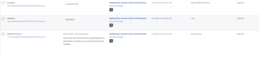 Reaktionen aus der ATmosphere werden unter dem Protokoll ATproto im Backend angezeigt.