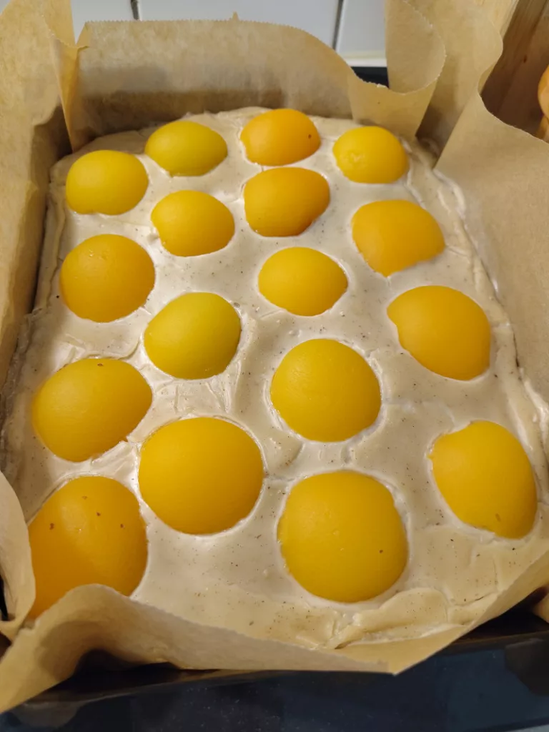 Der fertige Kuchen noch in der Form mit Backpapier drum herum. Der Pudding hat eine beige Farbe angenommen.