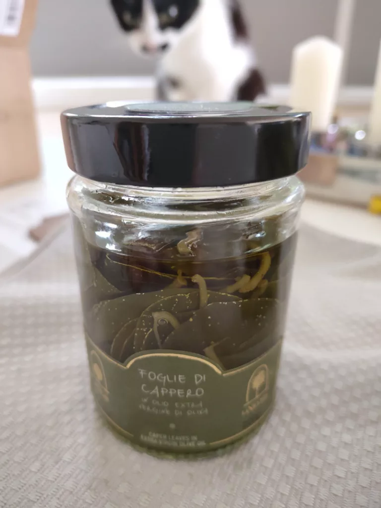 Ein Glas mit Kapernblätter. Im Hintergrund linst Athos herüber was ich da denn mache.