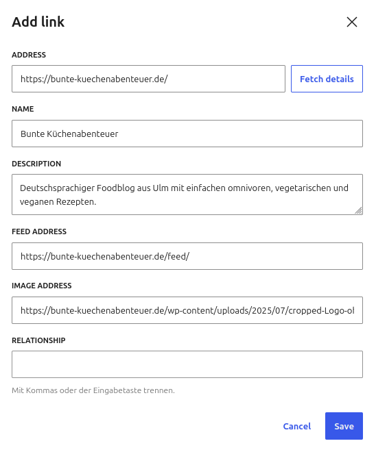 dialog zum hinzufügen eines einzelnen Links. Es besteht die Möglichkeit die Daten der Webseite über einen Button ziehen zu lassen. Die Felder können überschrieben werden.