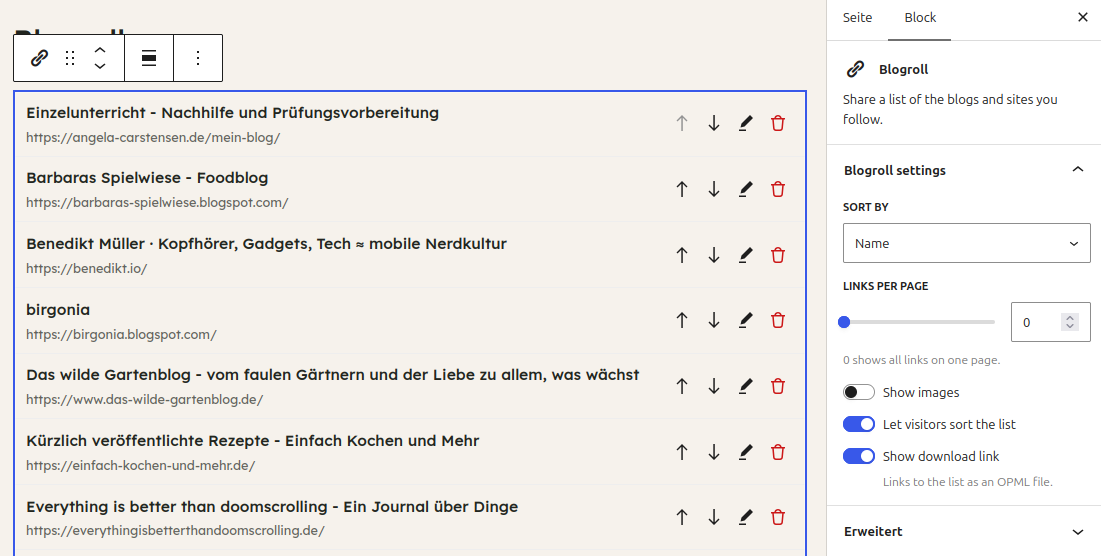 Ansicht der kuratierten Blogrollliste im Editor, am rechten Rand sind die möglichen Einstellungen für den Block zu sehen.