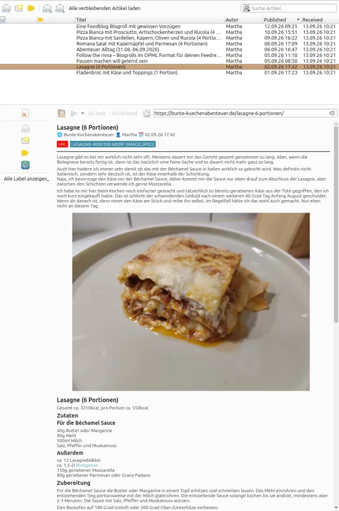 Screenshot des RSS Feed des Blogs. Der Beitrag wird vollständig inklusive Beitragsbild und Formatierung des Textes abgebildet.