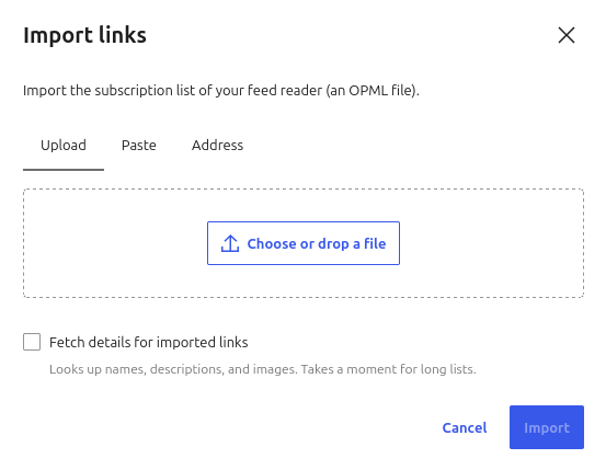 Dialog zum Import einer OPML Datei um eine Liste mehrerer Links hochzuladen