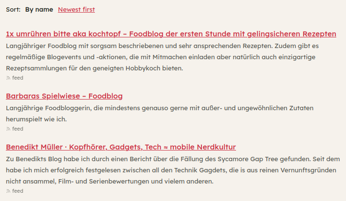 Leseransicht der Blogroll. Die Links werden mit Titel und Beschreibung angezeigt. Die Möglichkeit zum Download ist am Fuß des Blocks zu sehen, der hier nun nicht auf dem Screenshot ist.