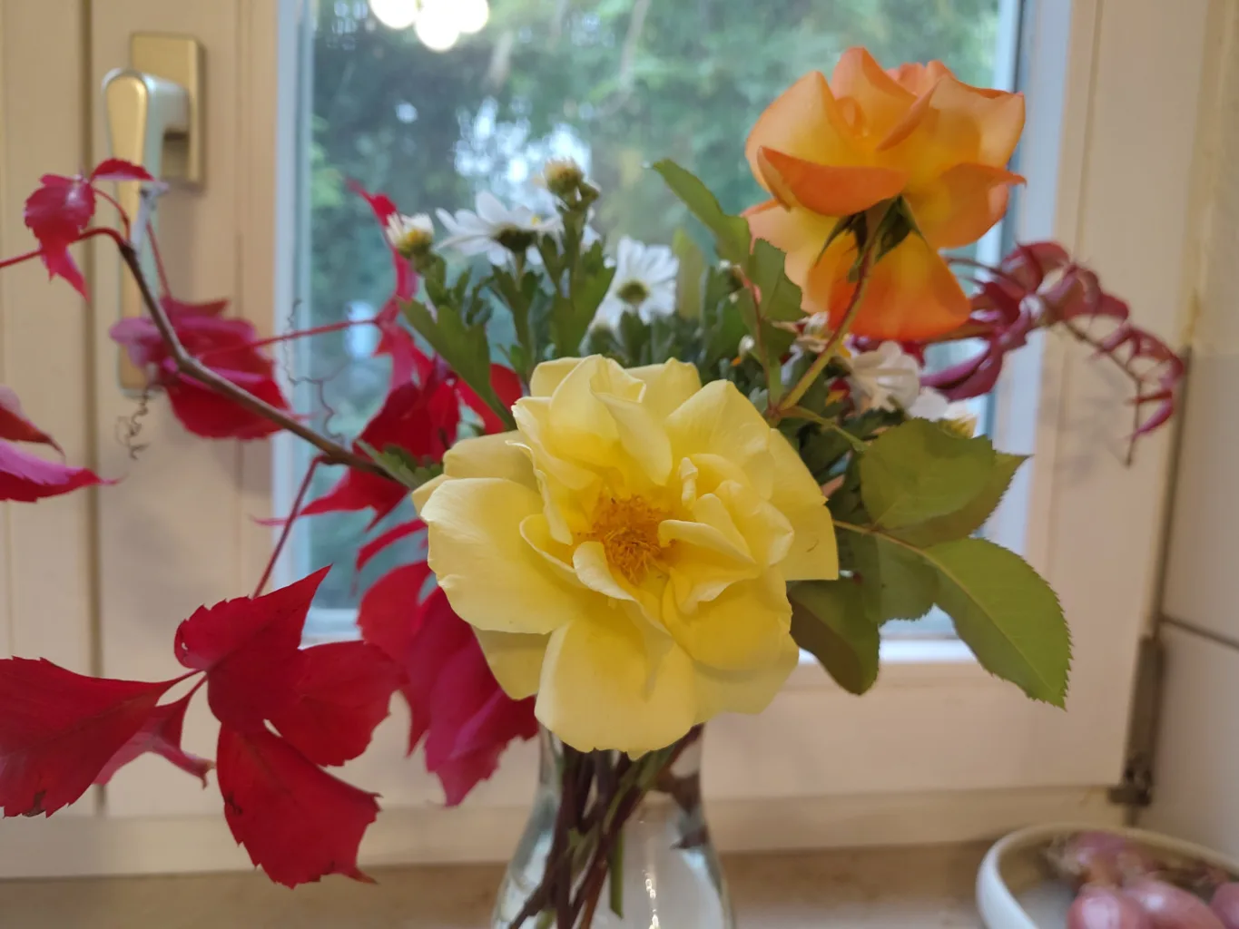 Ein Blumenstrauß mit gelben und orangenen Rosen, weißen Grönland Margeriten und rotem wilden Wein